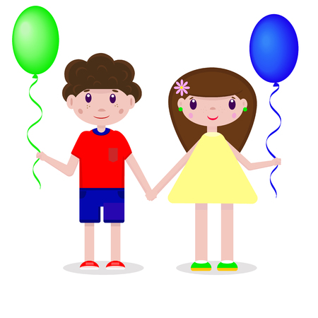 Vector illustration of lovers teenagers with multicolored balloons on a white backgroundのイラスト素材