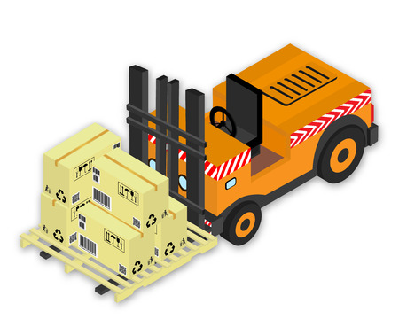 Isometric vector illustration forklift with set of cardboards the boxes with markings and pallet, with shadow, on white backgroundのイラスト素材