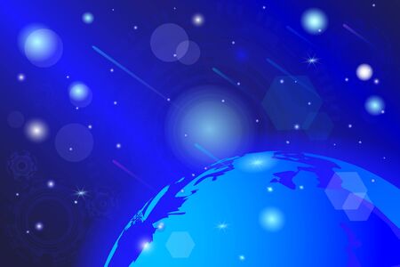 Vector Illustration. Outer colorful space blue abstract, futuristic backdrop. Universe. Stars, flashes, glare, rays of light, polygons, circles, graphic objectsのイラスト素材