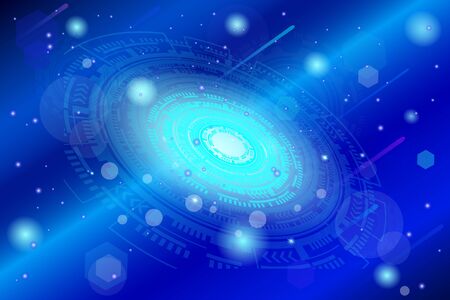 Vector Illustration. Outer colorful space blue abstract, futuristic backdrop. Universe. Stars, flashes, glare, rays of light, polygons, circles, graphic objectsのイラスト素材