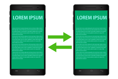 Vector drawing of a realistic black smartphones on white background with screens for informationのイラスト素材