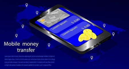 Concept e-commerce, Isometric  illustration. Online mobile money transfer. World transactions. Smartphone with bank card and gold coins on a world map background.の写真素材