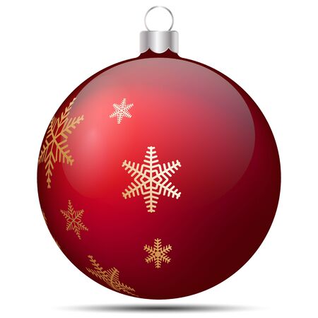 Vector illustration. Festive Christmas decoration. Red Christma ball decorated with snowflakes white background with shadowのイラスト素材