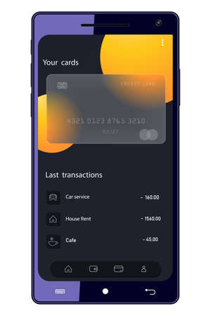 Vector drawing on the topic online payments. Mobile banking app. Glass morphism. Dark themeのイラスト素材
