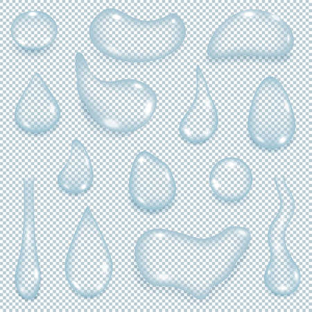 Vector drawing. Realistic set transparent drops rain, dew, water with bright glare.のイラスト素材