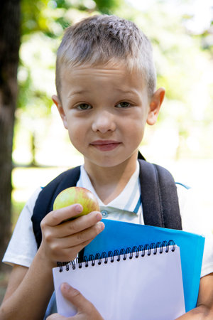 back to school. Portrait of a blond boy looking into the camera, holding textbooks and an apple. The...