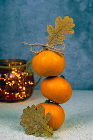 Tower of pumpkins isolated on white backgroundの写真素材
