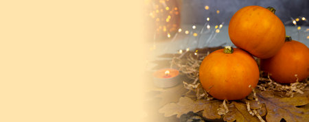 The concept of a festive banner, three bright orange small pumpkins on a background of dry autumn leaves, garlands and a lit candle. Decoration for the Halloween holidayの写真素材