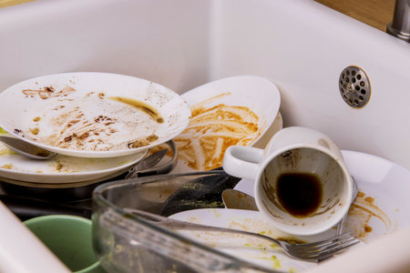 dirty dishes in the sinkの写真素材