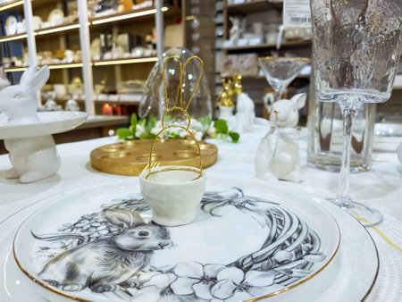 Beautifully set table with decorations for the Easter holiday. A small porcelain rabbit on a white festive plate. Family traditions. Christ is risenの写真素材