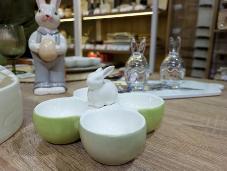 Beautiful Easter bunny figurine. Table decorations for the Easter holiday. The atmosphere of spring mood, family traditions. Egg Stand.の写真素材