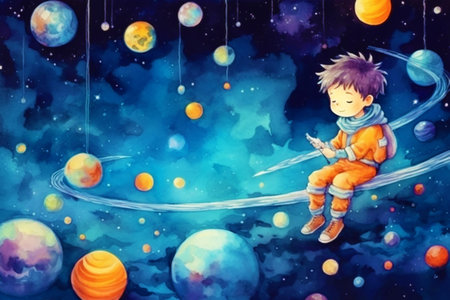 a little boy in outer space travels between the big planets. an illustration of a book or a postcard. place for text. Generative AI.の写真素材