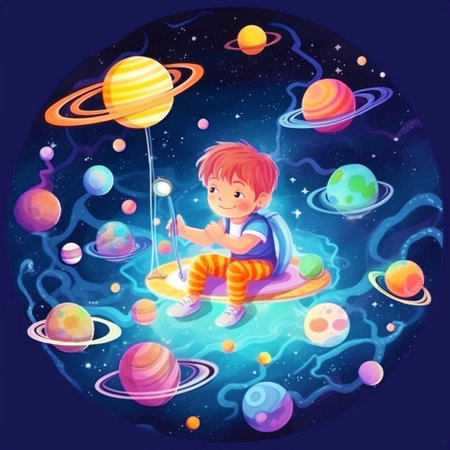 a little boy in outer space travels between the big planets. an illustration of a book or a postcard. Generative AI.の写真素材
