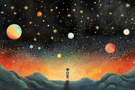 The child is a young researcher. A little boy is watching different planets in the galaxy. Generative AIの写真素材