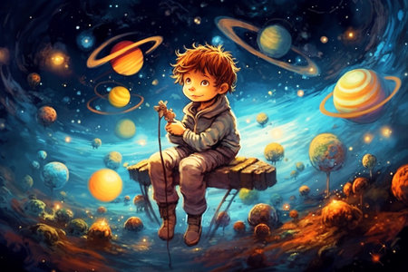 space adventures. A little boy sitting on a tiny planet in outer space fishing for intergalactic fish. Dreams and fantasies of children. Generative AI.の素材
