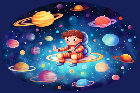 a little boy in outer space travels between the big planets. an illustration of a book or a postcard. Generative AI.の素材