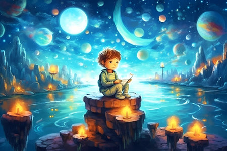 space adventures. A little boy sitting on a tiny planet in outer space fishing for intergalactic fish. Dreams and fantasies of children. Generative AI.の素材