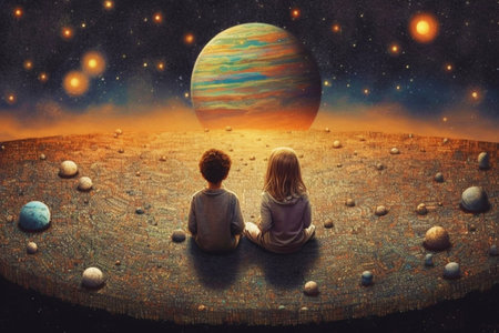 Two small children are space travelers. They sit watching and studying other planets. Fantasies and adventures in the galaxy. Generative AI.の素材