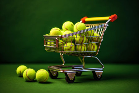 A shopping cart filled with tennis balls. The concept of a healthy lifestyle and sports equipment purchases.の素材