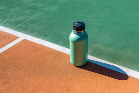 Reusable stainless steel water bottle on the tennis court. A picture on a bright sunny day, side view.の素材