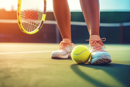 Legs of a female tennis player on a tennis court during a competitionの素材