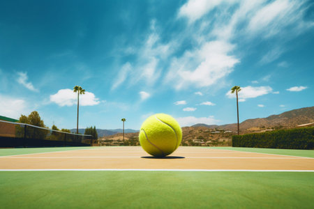 A large tennis ball on a tennis court against a background of blue sky and tall palm trees. The concept of sports, Competitions and a healthy lifestyle.の素材