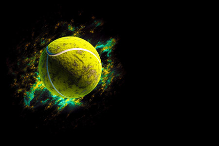 A bright tennis ball flying in the air on a black background. The concept of international sports. copyspace.の素材