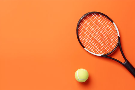 tennis racket and ball on an orange background, top view. The concept of sports, fitness, healthy lifestyle. copyspace.の素材