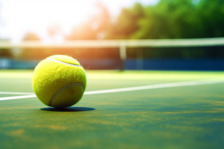 a tennis ball on a tennis court. the concept of sports, competitions and a healthy lifestyle. Space for copyingの素材