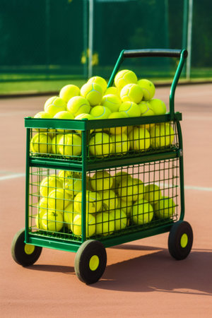 A shopping cart filled with tennis balls. The concept of a healthy lifestyle and sports equipment purchases.の素材