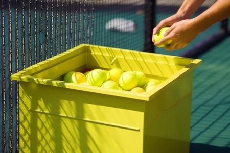 A man's hands take tennis balls out of a large sports box on a tennis court during a training session or tournament.の素材