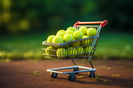 A shopping cart filled with tennis balls. The concept of a healthy lifestyle and sports equipment purchases.の素材