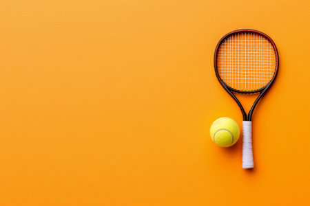 tennis racket and ball on an orange background, top view. The concept of sports, fitness, healthy lifestyle. copyspace.の素材