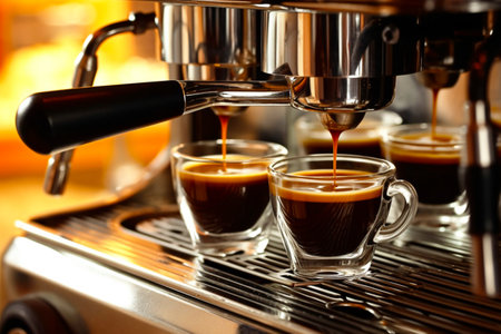Close-up of espresso pouring from a professional coffee machine. Making coffee in the restaurant and bar. Generative AIの素材