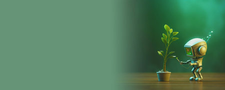 A small robot takes care of a beautiful green plant. Technologies of the future. The concept of artificial intelligence in modern robot.Generative AIの素材