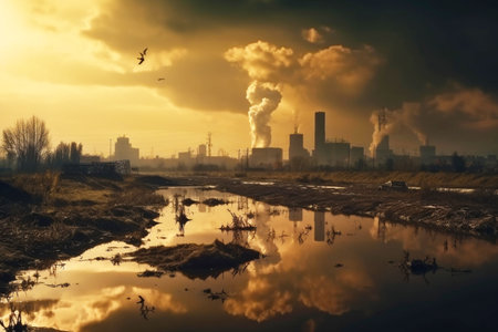 The problem of ecology and environmental pollution. The smoke of the power plant rising from the chimney into the sky causes the destruction of the earth's atmosphere. .Generative AI.の素材