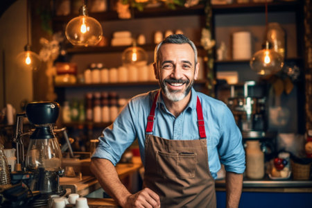 Portrait of a cheerful and smiling male barista in an apron, working at the counter in a cafe, the joy of communication.Generative AIの素材