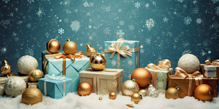 Bright and modern Christmas gift boxes on the background of falling snow and golden Christmas balls. Banner. Generative AIの素材