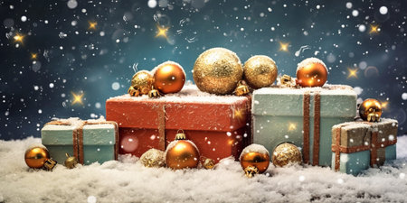 Bright and modern Christmas gift boxes on the background of falling snow and golden Christmas balls. Banner. Generative AIの素材