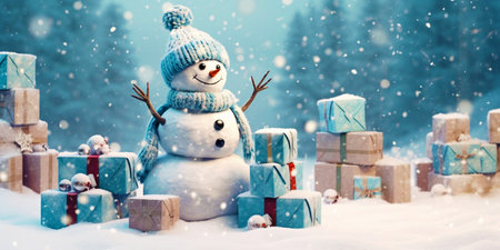 Merry Christmas and New Year greeting card. A cute and happy snowman in a knitted hat and scarf, standing against the background of a winter Christmas landscape and gifts. Banner.Generative AIの素材