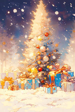 Bright and modern Christmas gift boxes on the background of falling snow, Christmas trees and golden Christmas balls. Beautiful Christmas card illustration. Generative AIの素材