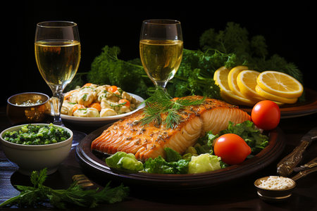 Fried salmon fillet with lime, vegetable salad and white wine is served on a black plate on a wooden table.の素材