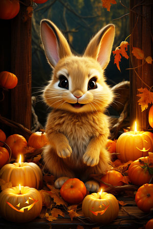 Cute little cartoon rabbit on the background of autumn forest and orange Halloween pumpkinsの素材