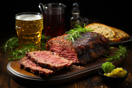 Delicious fried meat is served in a large piece on a wooden plate with vegetables and a glass of beer.の素材