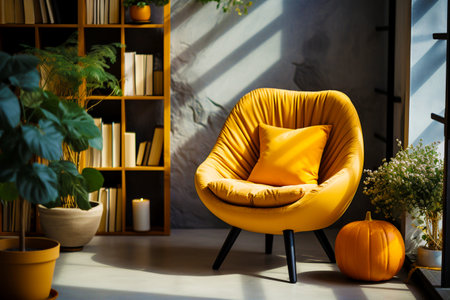 Modern living room interior in the style of the Halloween holiday. The concept of home autumn comfort and decorの素材