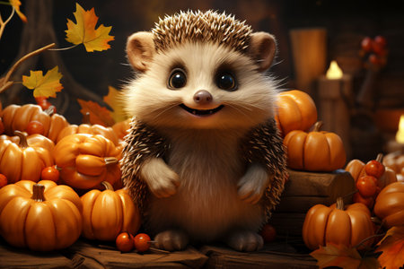 Cute little cartoon hedgehog on the background of an autumn forest and a new crop of orange pumpkins.の素材