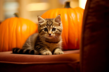 Charming and cute fluffy kitten on the background of Halloween pumpkins and bright autumn garlandsの素材