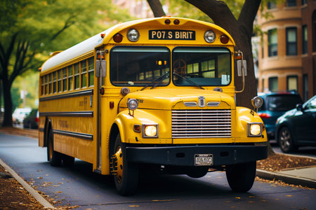 back to school. A big yellow bus is waiting for the students. The concept of education.の素材