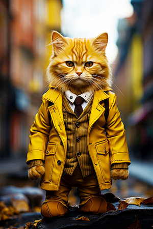 Portrait of an unusual cat in an elegant yellow suit walking through the streets of the city.の素材