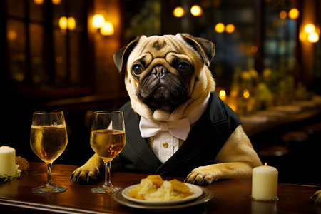 An elegant pug in a tuxedo is having lunch in a restaurant.の素材